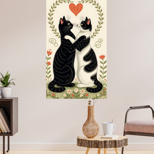 Paar katten verliefd op bloemenhart poster (Woonkamer 3)