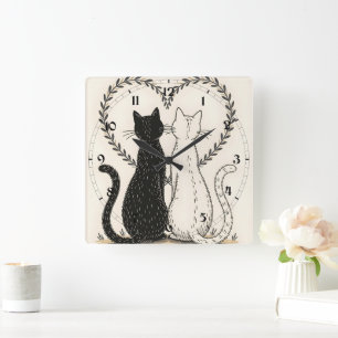 Paar katten verliefd op bloemenhart vierkante klok