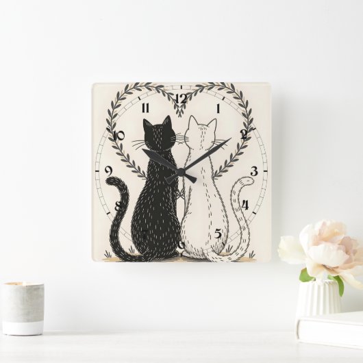 Paar katten verliefd op bloemenhart vierkante klok (Huis)