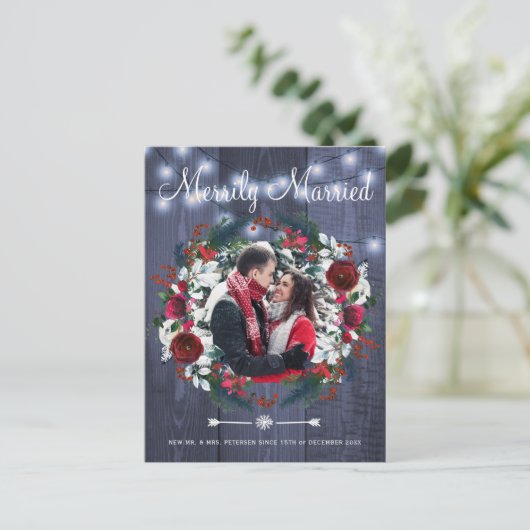 Paar Kerst Rood Bloemen Bruiloft foto's Feestdagenkaart (Staand voorkant)