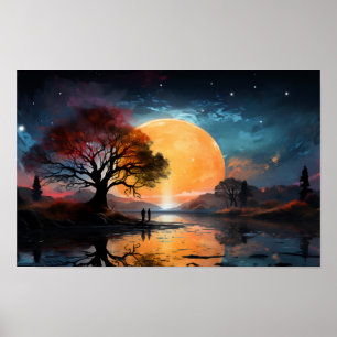 Paar kijken naar de zon bij het meer poster