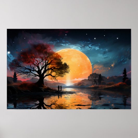 Paar kijken naar de zon bij het meer poster (Voorkant)