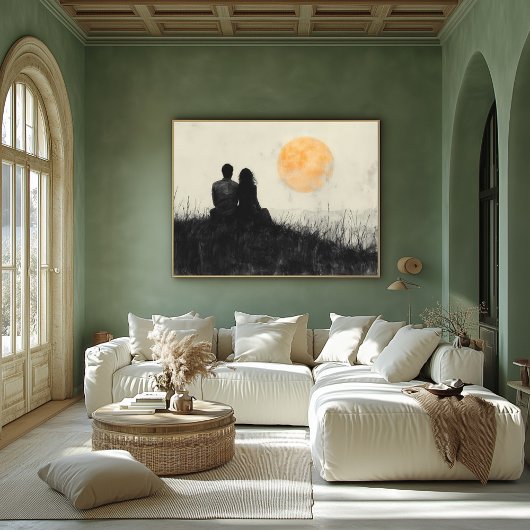 Paar kijken naar zonsondergang in zwart-wit kunst poster