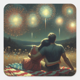 Paar Knuffelen onder de Fourth of July Vuurwerk Vierkante Sticker