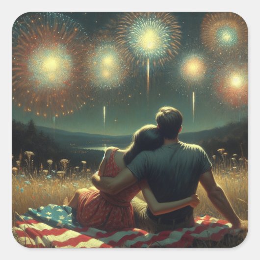 Paar Knuffelen onder de Fourth of July Vuurwerk Vierkante Sticker (Voorkant)