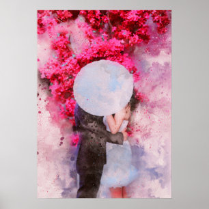 Paar Kus Paraplu Bloemen waterverf Schilderen Poster