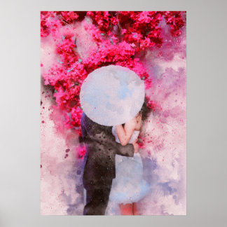 Paar Kus Paraplu Bloemen waterverf Schilderen Poster
