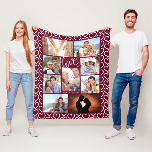 Paar LIEFDE Hearts Patroon 9 Foto Collage Zwart Fleece Deken (In situ)