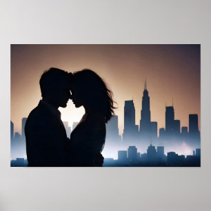 Paar liefde romantische zonsondergang silhouet moo poster