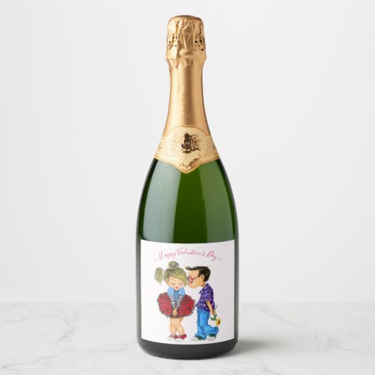 Paar Liefde Valentijnsdag Mousserende Wijn Label Sparkling Wijnetiket (Voorkant)