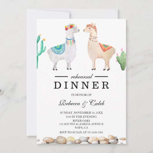 Paar Llama bruiloft repetitie diner uitnodiging (Voorkant)