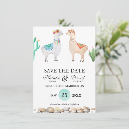 Paar Llama Wedding sparen de Datum Aankondiging (Staand voorkant)