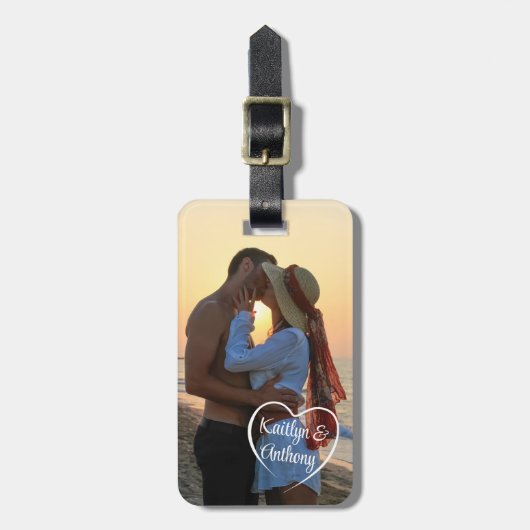 Paar Love Heart Foto gepersonaliseerd Bagagelabel (Voorkant verticaal)