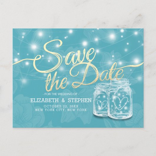 Paar Mason Jar Blue Floral bruiloft bewaart de dat Briefkaart (Voorkant)