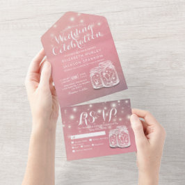 Paar Mason Jar String Licht Pink Floral Wedding All In One Uitnodiging