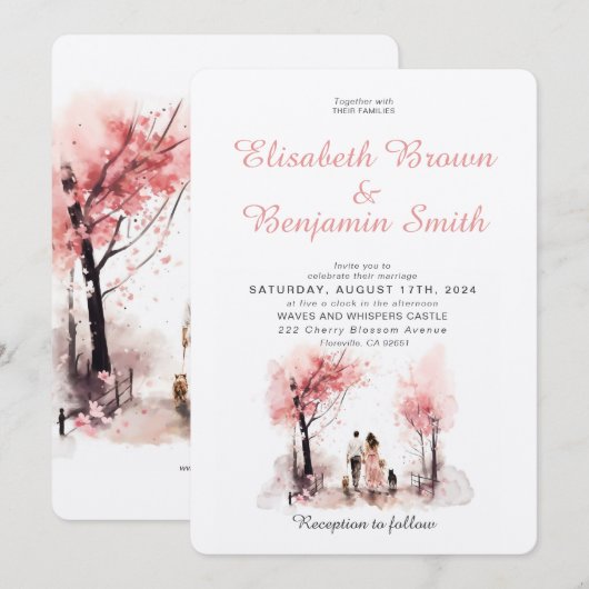 Paar met 2 Dog Waterverf Sjabloon Bruiloft Kaart (Voorkant / Achterkant)