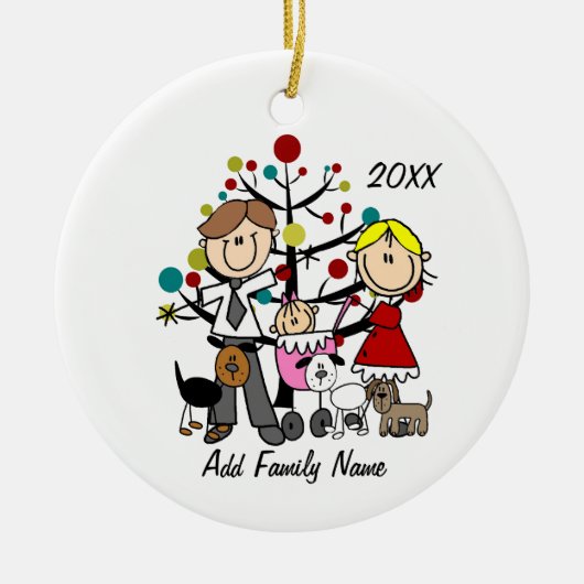 Paar met baby meisje drie honden keramisch ornament (Voorkant)