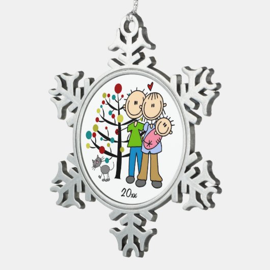 Paar Met Baby Meisje en Kat Sneeuwvlok Ornament (Rechts)