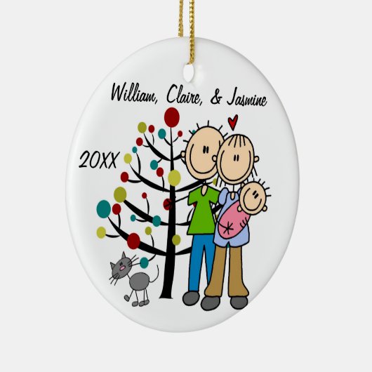 Paar met babymeisje en aangepaste kattenversiering keramisch ornament (Rechts)