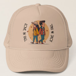 Paar met handen samen in de herfst trucker pet