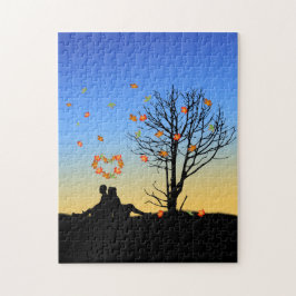 Paar met hartvormige herfstbladeren legpuzzel