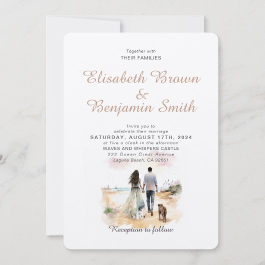 Paar met Hond Waterverf Sjabloon Bruiloft Uitnodig Kaart (Voorkant)