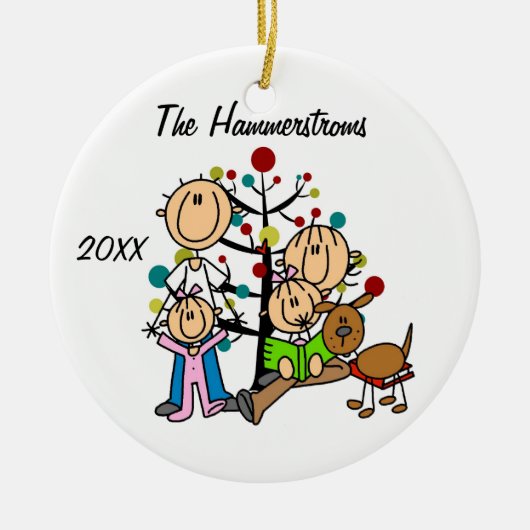 Paar met twee meisjes, hond aangepaste vakantie Or Keramisch Ornament (Voorkant)