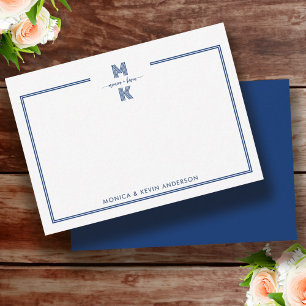 Paar Minimalistisch Marine Blauw Twee Grens Monogr Notitiekaartje