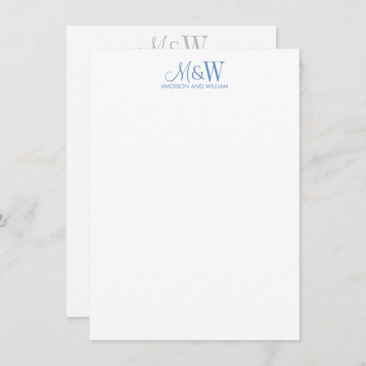 Paar Monogram Minimalistisch Blauw Wit Notitiekaartje (Voorkant / Achterkant)