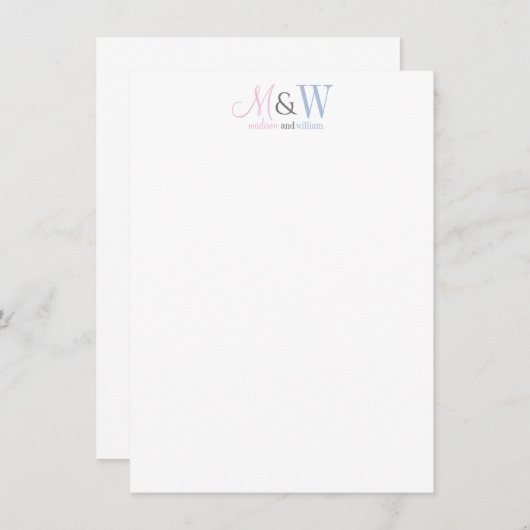 Paar Monogram Minimalistisch Roze Blauw Script Ser Notitiekaartje (Voorkant / Achterkant)