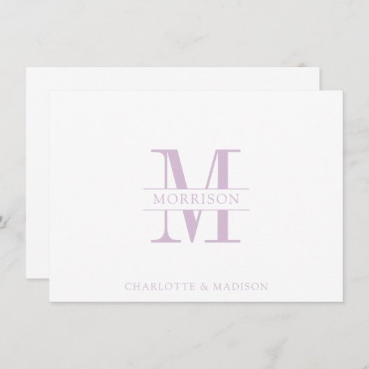 Paar Monogram Minimalistische Lavendel Wit Notitiekaartje (Voorkant / Achterkant)