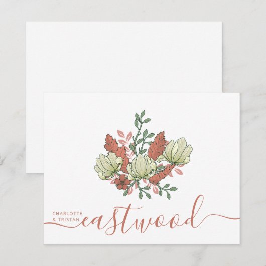 Paar Naam Bruiloft Monogram  Bloemen Notitiekaartje (Voorkant / Achterkant)