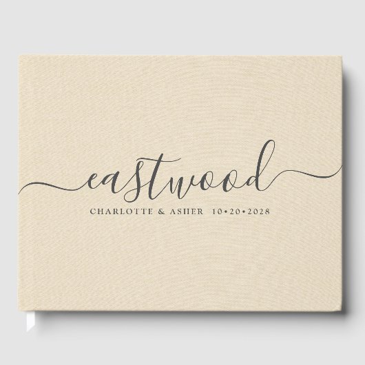 Paar Naam Bruiloft Monogram Cream Faux Linnen Gastenboek (Voorkant)