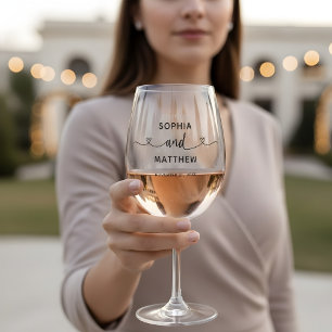 Paar Namen Script Hart Modern Bruiloft Wijnglas Zonder Voet