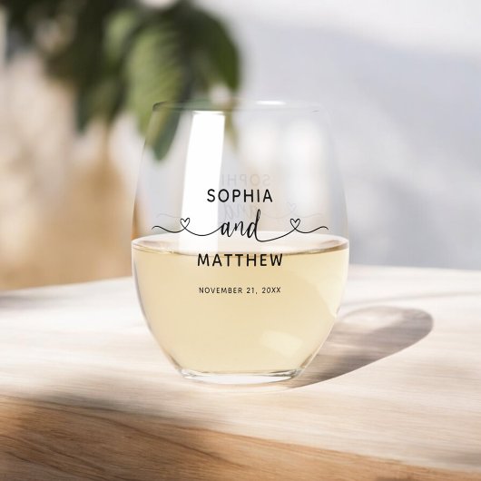 Paar Namen Script Hart Modern Bruiloft Wijnglas Zonder Voet