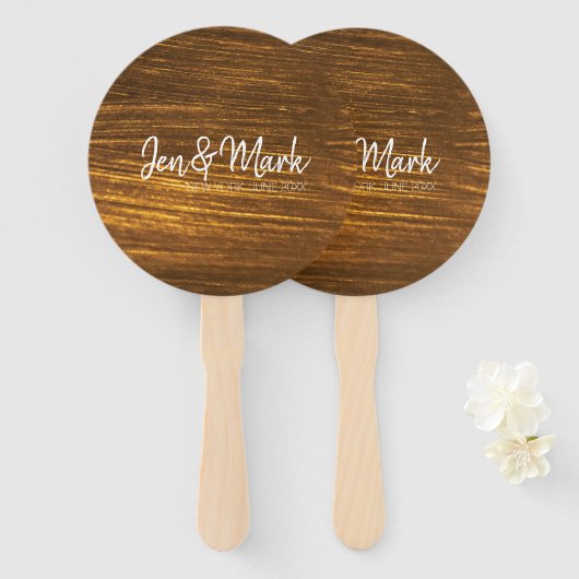 Paar Namen, Staat, Huwelijksdatum op Gouden Strepe Handwaaier (Voorkant en achterkant)