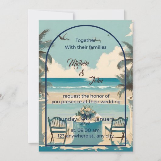 Paar op blauw strand met meeuwen kaart (Voorkant)