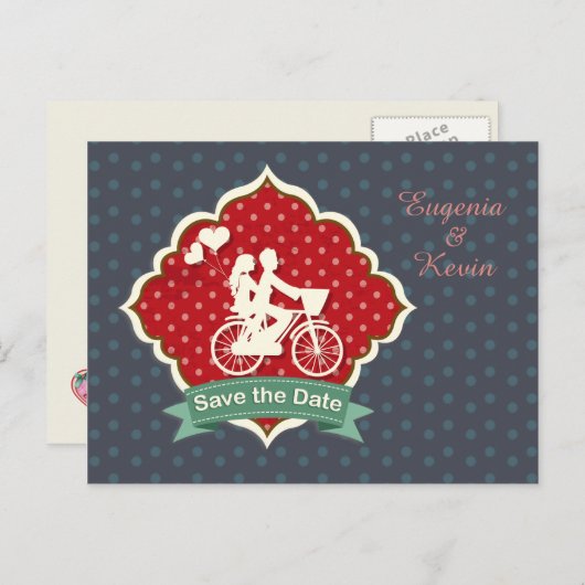 Paar op de fiets Retro Save the Date Briefkaart (Voorkant / Achterkant)