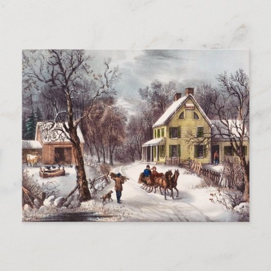 Paar op door paarden getrokken slee briefkaart (Voorkant)