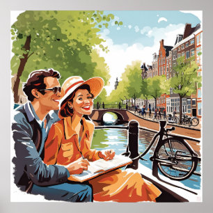 Paar op een Amsterdamse rondvaart Print