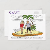 Paar op een onbewoond eiland, grappig save the date (Voorkant / Achterkant)