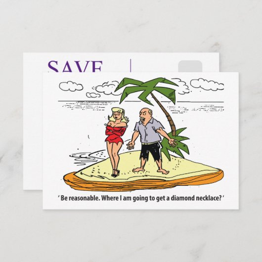 Paar op een onbewoond eiland, grappig save the date (Voorkant / Achterkant)