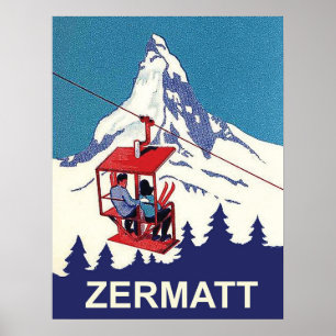 Paar op een skilift in Zermatt, oud reisje Poster