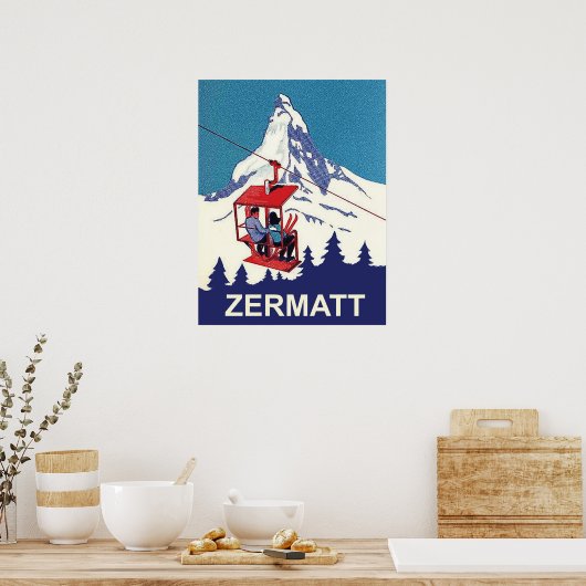 Paar op een skilift in Zermatt, oud reisje Poster (Keuken)