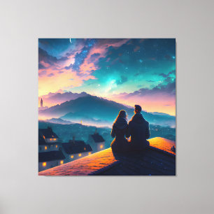 Paar op het dak canvas afdruk