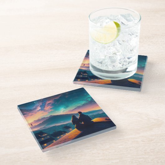 Paar op het dak glazen onderzetter (Schuin)