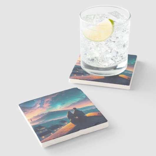 Paar op het dak stenen onderzetter (Zijkant)