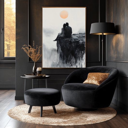 Paar op klif met serene zonsondergang gloed poster