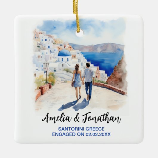 Paar op Santorini Island | Waterverf Reiskunst Keramisch Ornament (Voorkant)