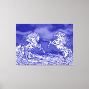 Paar paarden in blauw en wit V2 canvasprint Canvas Afdruk